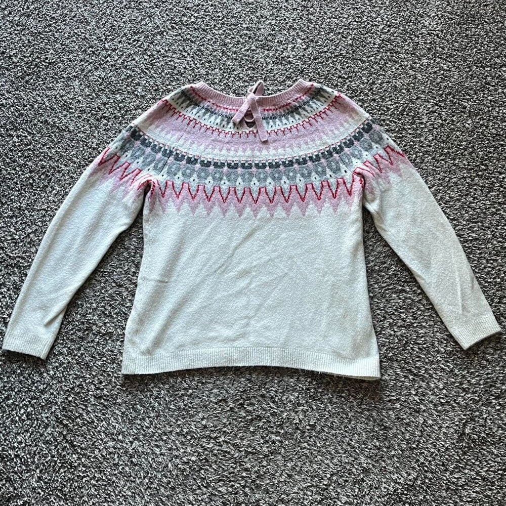 Talbots Bow Neck Sweater Womens M Fair Isle Pink White Whimsical Cottagecore - Picture 4 of 7